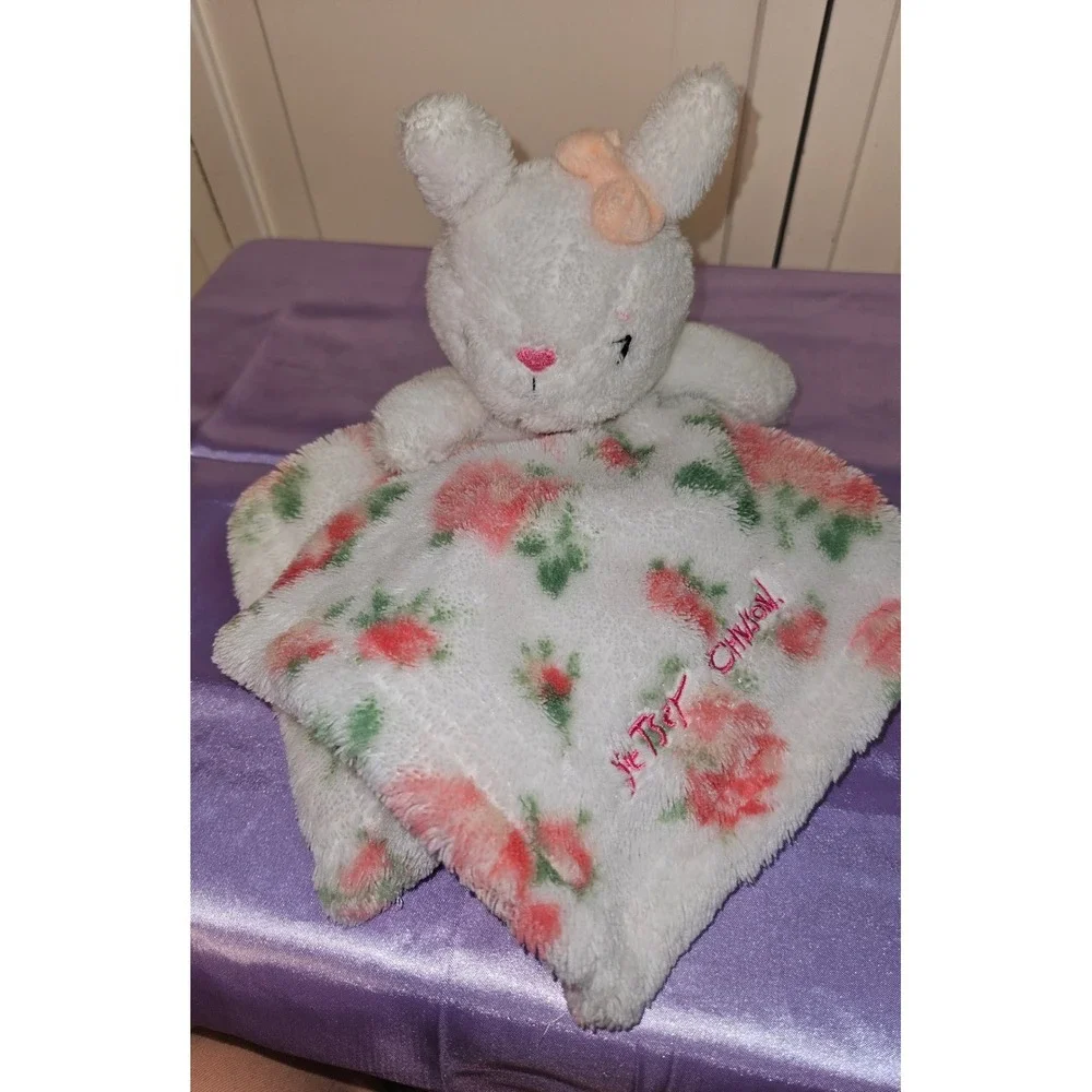Betsey Johnson Baby Bunny Security Blanket White Pink Floral Rose Plush Lovey
